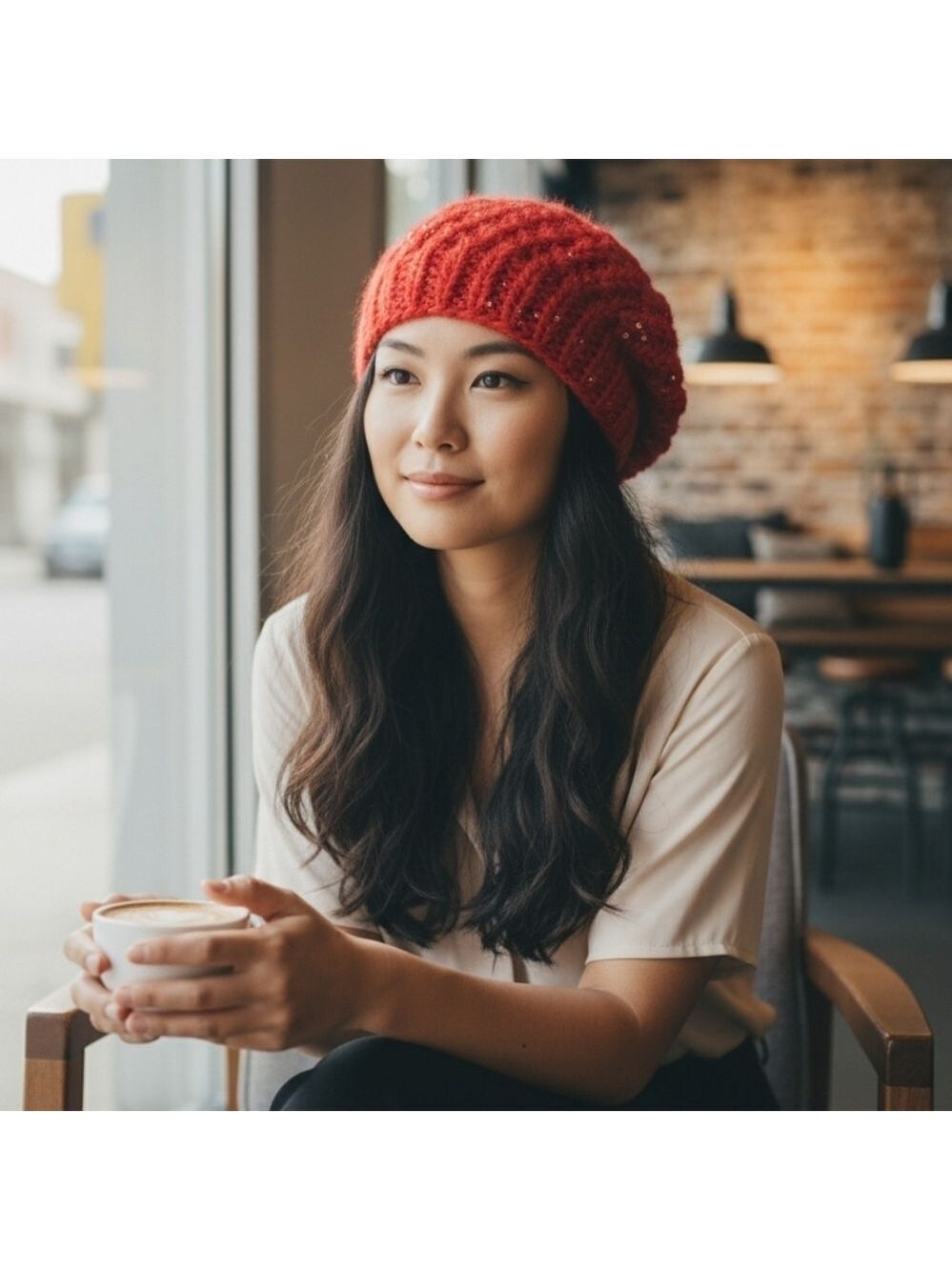 Red Knitted Beanie Sequined One Size